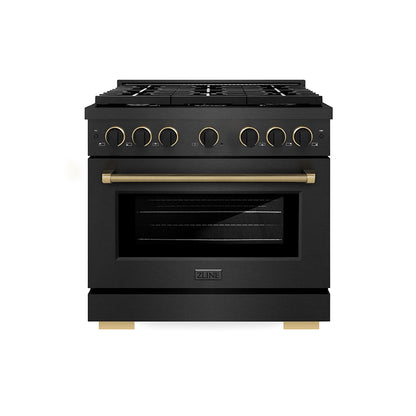 ZLINE Designer 36" 5.2 cu. ft. Paramount Gas Range with 6 Burner Cooktop in Black Satin with Black and Champagne Accents, SGRBSZ-36-MBCB