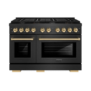 ZLINE Autograph 48" 6.7 cu. ft. Paramount Double Oven Gas Range with 8 Burner Cooktop in Black Satin and Gold Accents, SGRBSZ-48-G