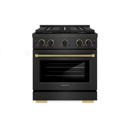 ZLINE Designer 30" 4.2 cu. ft. Gas Range with 4 Burner DuoPro Cooktop in Black Satin with Black and Champagne Accents, PSGRBSZ-30-MBCB
