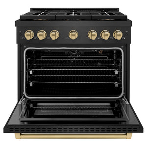 ZLINE Autograph 36" 5.2 cu. ft. Paramount Gas Range with 6 Burner DuoPro Cooktop in Black Satin and Champagne Accents, PSGRBSZ-36-CB
