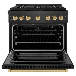 ZLINE Autograph 36" 5.2 cu. ft. Paramount Gas Range with 6 Burner DuoPro™ Cooktop in Black Satin and Gold Accents, PSGRBSZ-36-G