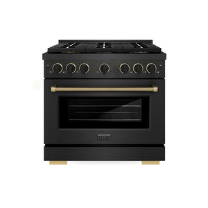 ZLINE Designer 36" 5.2 cu. ft. Gas Range with 6 Burner DuoPro™ Cooktop in Black Satin with Black and Champagne Accents, PSGRBSZ-36-MBCB