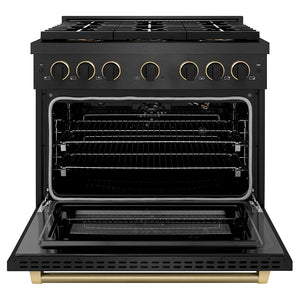 ZLINE Designer 36" 5.2 cu. ft. Gas Range with 6 Burner DuoPro™ Cooktop in Black Satin with Black and Champagne Accents, PSGRBSZ-36-MBCB