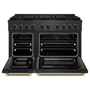 ZLINE Designer 48" 6.7 cu. ft. Gas Range with 8 Burner DuoPro Cooktop in Black Satin with Matte Black and Champagne Accents, PSGRBSZ-48-MBCB