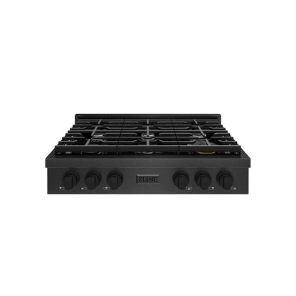 ZLINE 36" Paramount Gas Rangetop with 6 Burners and Porcelain Cooktop in Black Satin Stainless Steel, SRTBS-36