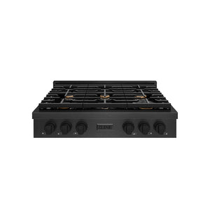 ZLINE 36" Paramount Gas Rangetop with 6 Brass Burners and Porcelain Cooktop in Black Satin Stainless Steel, SRTBS-BR-36
