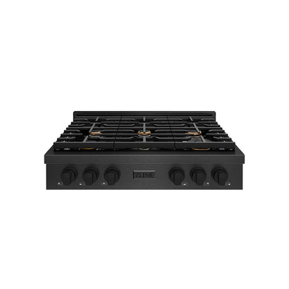 ZLINE 36" Paramount Gas Rangetop with 6 Brass Burners and Porcelain Cooktop in Black Satin Stainless Steel, SRTBS-BR-36