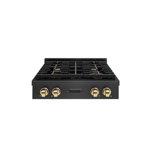 ZLINE Autograph 30" Paramount Gas Rangetop with 4 Burners and Porcelain Cooktop in Black Satin with Polished Gold Accents, SRTBSZ-30-G