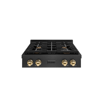 ZLINE Autograph 30" Paramount Gas Rangetop with 4 Burners and Porcelain Cooktop in Black Satin with Polished Gold Accents, SRTBSZ-30-G