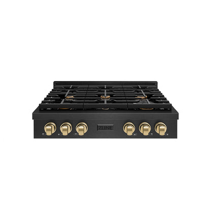 ZLINE Autograph 36" Paramount Gas Rangetop with 6 Burners and Porcelain Cooktop in Black Satin with Champagne Accents, SRTBSZ-36-CB