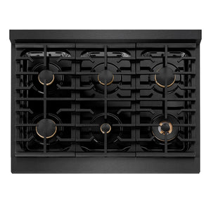 ZLINE Autograph 36" Paramount Gas Rangetop with 6 Burners and Porcelain Cooktop in Black Satin with Champagne Accents, SRTBSZ-36-CB