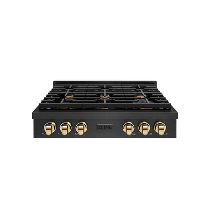 ZLINE Autograph 36" Paramount Gas Rangetop with 6 Burners and Porcelain Cooktop in Black Satin with Polished Gold Accents, SRTBSZ-36-G