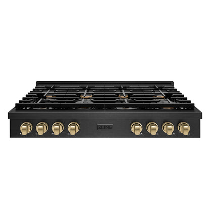 ZLINE Autograph 48" Paramount Gas Rangetop with 8 Burners and Porcelain Cooktop in Black Satin with Champagne Accents, SRTBSZ-48-CB
