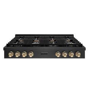 ZLINE Autograph 48" Paramount Gas Rangetop with 8 Burners and Porcelain Cooktop in Black Satin with Gold Accents, SRTBSZ-48-G