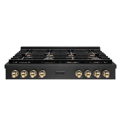 ZLINE Autograph 48" Paramount Gas Rangetop with 8 Burners and Porcelain Cooktop in Black Satin with Gold Accents, SRTBSZ-48-G