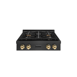 ZLINE Autograph 30" Paramount Gas Rangetop with 4 Burner DuoPro™ Cooktop in Black Satin and Polished Gold Accents, PSRTBSZ-30-G