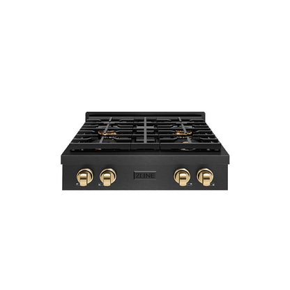 ZLINE Autograph 30" Paramount Gas Rangetop with 4 Burner DuoPro™ Cooktop in Black Satin and Polished Gold Accents, PSRTBSZ-30-G