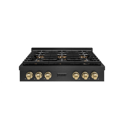 ZLINE Autograph 36" Paramount Gas Rangetop with 6 Burner DuoPro™ Cooktop in Black Satin and Champagne Bronze Accents, PSRTBSZ-36-CB