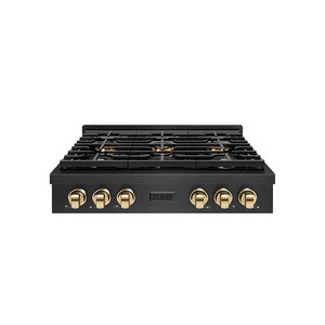 ZLINE Autograph 36" Paramount Gas Rangetop with 6 Burner DuoPro™ Cooktop in Black Satin and Polished Gold Accents, PSRTBSZ-36-G