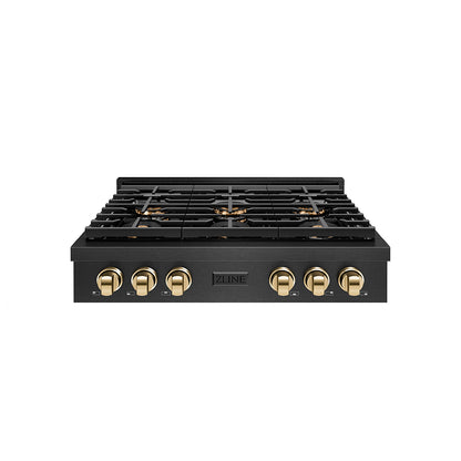ZLINE Autograph 36" Paramount Gas Rangetop with 6 Burner DuoPro™ Cooktop in Black Satin and Polished Gold Accents, PSRTBSZ-36-G