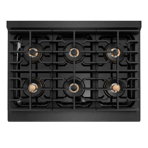 ZLINE Autograph 36" Paramount Gas Rangetop with 6 Burner DuoPro™ Cooktop in Black Satin and Polished Gold Accents, PSRTBSZ-36-G