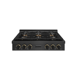 ZLINE Designer 36" Paramount Gas Rangetop with 6 Burner DuoPro™ Cooktop in Black Satin with Black and Champagne Accents, PSRTBSZ-36-MBCB
