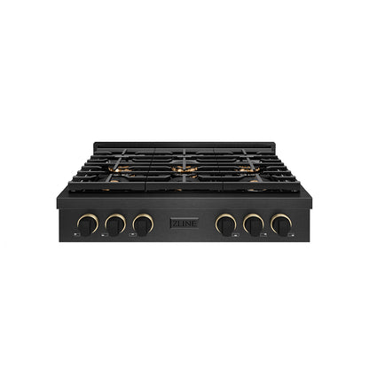 ZLINE Designer 36" Paramount Gas Rangetop with 6 Burner DuoPro™ Cooktop in Black Satin with Black and Champagne Accents, PSRTBSZ-36-MBCB