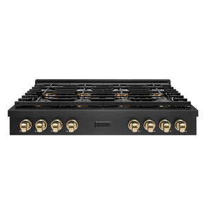 ZLINE Autograph 48" Paramount Gas Rangetop with 8 Burner DuoPro™ Cooktop in Black Satin and Polished Gold Accents, PSRTBSZ-48-G