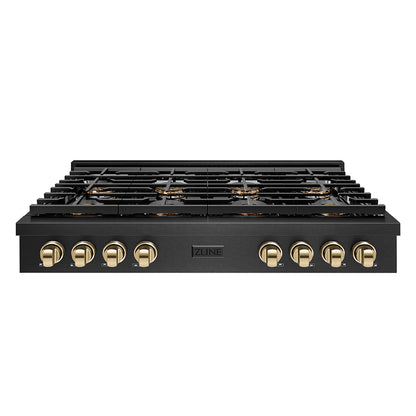 ZLINE Autograph 48" Paramount Gas Rangetop with 8 Burner DuoPro™ Cooktop in Black Satin and Polished Gold Accents, PSRTBSZ-48-G