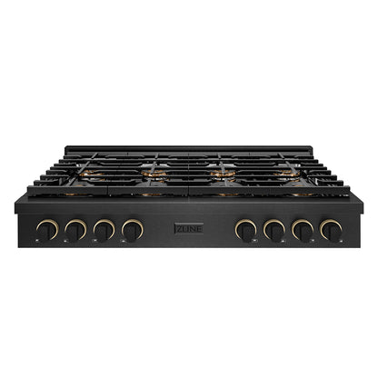 ZLINE Designer 48" Paramount Gas Rangetop with 8 Burner DuoPro™ Cooktop in Black Satin with Black and Champagne Accents, PSRTBSZ-48-MBCB