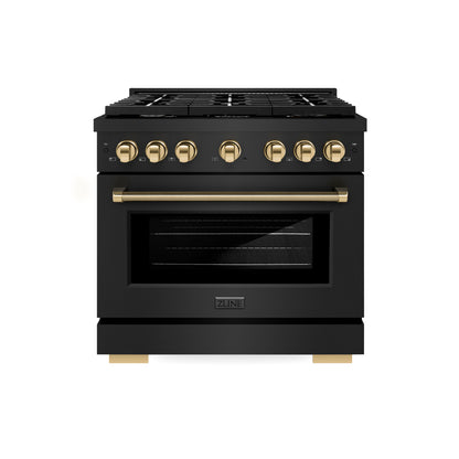 ZLINE Autograph 36" 5.2 cu. ft. Paramount Dual Fuel Range with 6 Burner Gas Cooktop and Electric Convection Oven in Black Stainless Steel with Polished Gold Helix Handle and Knob Accents, SDRBZ-36-KG
