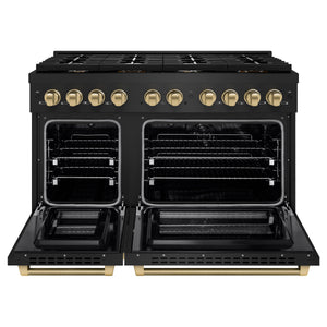 ZLINE Autograph 48" 6.7 cu. ft. Paramount Double Oven Dual Fuel Range with 8 Burner Gas Cooktop in Black Stainless Steel and Champagne Bronze Helix Handles and Knob Accents, SDRBZ-48-KCB