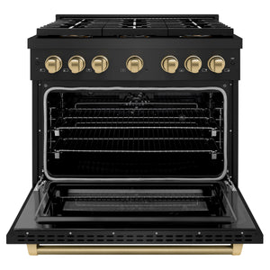 ZLINE Autograph 36" 5.2 cu. ft. Paramount Dual Fuel Range with 6 Burner DuoPro™ Cooktop and Electric Convection Oven in Black Stainless Steel with Champagne Bronze Helix Handle and Accents, PSDRBZ-36-KCB