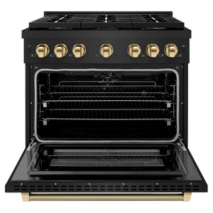 ZLINE Autograph 36" 5.2 cu. ft. Paramount Dual Fuel Range with 6 Burner DuoPro™ Cooktop and Electric Convection Oven in Black Stainless Steel with Polished Gold Helix Handle and Accents, PSDRBZ-36-KG
