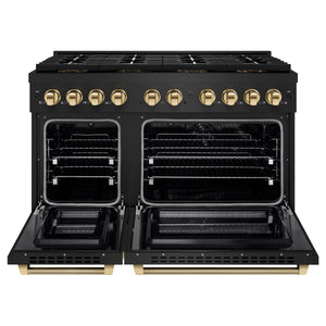 ZLINE Autograph 48" 6.7 cu. ft. Paramount Dual Fuel Range with 8 Burner DuoPro™ Cooktop and Dual Ovens in Black Stainless Steel with Polished Gold Helix Handles and Accents, PSDRBZ-48-KG