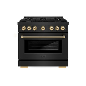ZLINE Autograph 36" 5.2 cu. ft. Paramount Gas Range with 6 Burner Cooktop and Convection Gas Oven in Black Stainless Steel with Polished Gold Helix Handle and Knob Accents, SGRBZ-36-KG