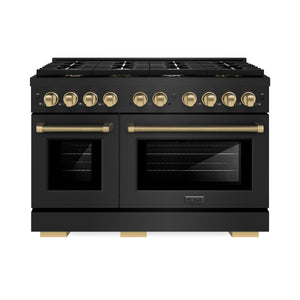 ZLINE Autograph 48" 6.7 cu. ft. Paramount Double Oven Gas Range with 8 Burner Cooktop in Black Stainless Steel and Champagne Bronze Helix Handles and Knob Accents, SGRBZ-48-KCB