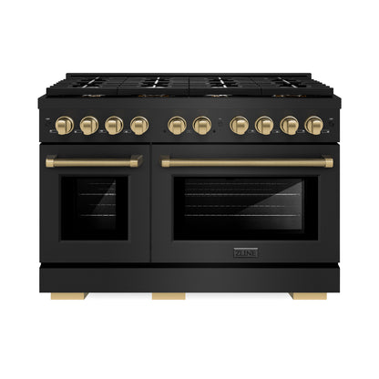 ZLINE Autograph 48" 6.7 cu. ft. Paramount Double Oven Gas Range with 8 Burner Cooktop in Black Stainless Steel and Champagne Bronze Helix Handles and Knob Accents, SGRBZ-48-KCB