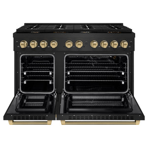 ZLINE Autograph 48" 6.7 cu. ft. Paramount Double Oven Gas Range with 8 Burner Cooktop in Black Stainless Steel and Champagne Bronze Helix Handles and Knob Accents, SGRBZ-48-KCB