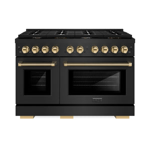 ZLINE Autograph 48" 6.7 cu. ft. Paramount Double Oven Gas Range with 8 Burner Cooktop in Black Stainless Steel and Polished Gold Helix Handles and Knob Accents, SGRBZ-48-KG