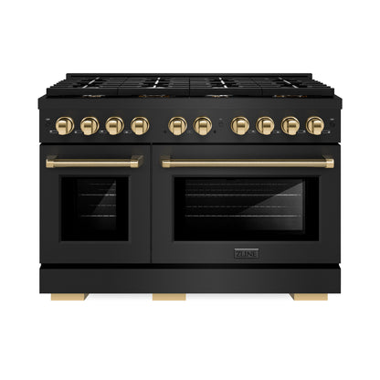 ZLINE Autograph 48" 6.7 cu. ft. Paramount Double Oven Gas Range with 8 Burner Cooktop in Black Stainless Steel and Polished Gold Helix Handles and Knob Accents, SGRBZ-48-KG