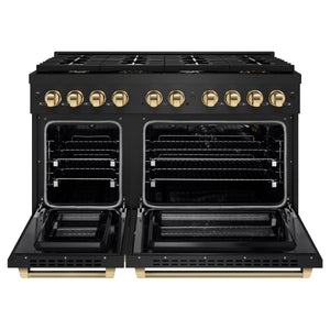 ZLINE Autograph 48" 6.7 cu. ft. Paramount Double Oven Gas Range with 8 Burner Cooktop in Black Stainless Steel and Polished Gold Helix Handles and Knob Accents, SGRBZ-48-KG