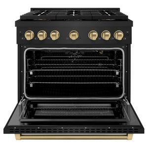 ZLINE Autograph 36" 5.2 cu. ft. Paramount Gas Range with 6 Burner DuoPro™ Cooktop and Convection Gas Oven in Black Stainless Steel with Champagne Bronze Helix Handle and Accents, PSGRBZ-36-KCB