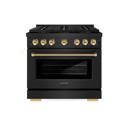 ZLINE Autograph 36" 5.2 cu. ft. Paramount Gas Range with 6 Burner DuoPro™ Cooktop and Convection Gas Oven in Black Stainless Steel with Polished Gold Helix Handle and Accents, PSGRBZ-36-KG
