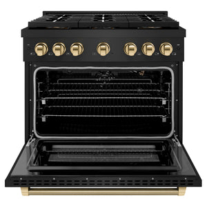 ZLINE Autograph 36" 5.2 cu. ft. Paramount Gas Range with 6 Burner DuoPro™ Cooktop and Convection Gas Oven in Black Stainless Steel with Polished Gold Helix Handle and Accents, PSGRBZ-36-KG