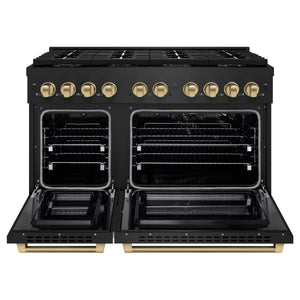 ZLINE Autograph 48" 6.7 cu. ft. Paramount Gas Range with 8 Burner DuoPro™ Cooktop and Dual Ovens in Black Stainless Steel with Champagne Bronze Helix Handles and Accents, PSGRBZ-48-KCB