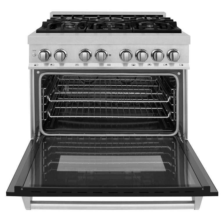ZLINE 36 in. Professional Gas Burner/Electric Oven in DuraSnow® Stainless with Black Matte Door, RAS-BLM-36
