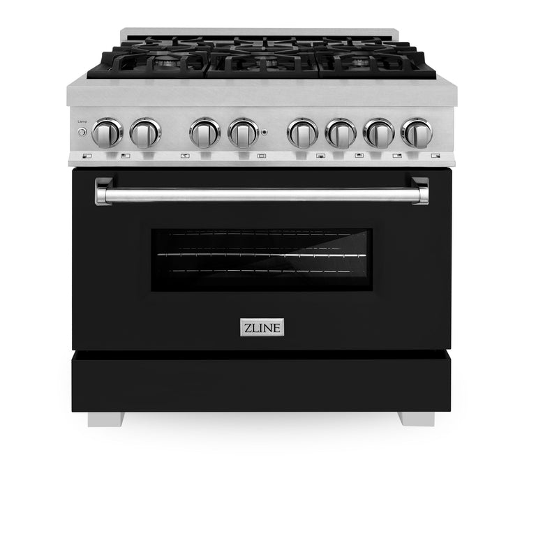 ZLINE 36 in. Professional Gas Burner/Electric Oven in DuraSnow® Stainless with Black Matte Door, RAS-BLM-36