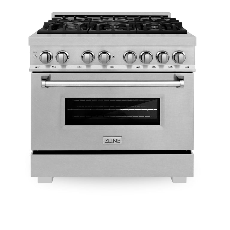 ZLINE Kitchen and Bath 36 in. Professional Gas Burner/Electric Oven in DuraSnow® Stainless with DuraSnow® Stainless Door, RAS-SN-36