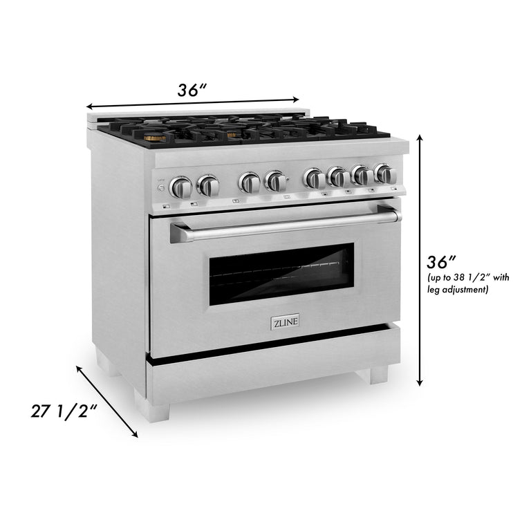 ZLINE Kitchen and Bath 36 in. Professional Gas Burner/Electric Oven in DuraSnow® Stainless with Brass Burners, RAS-SN-BR-36